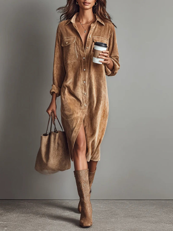 Fleurelle - Long-Sleeve Ribbed Shirt Dress