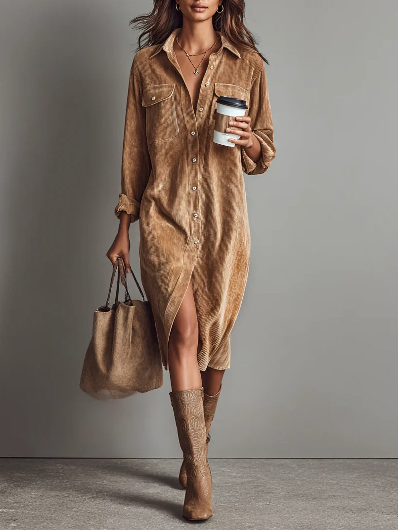 Fleurelle - Long-Sleeve Ribbed Shirt Dress