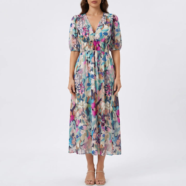 Floravia - V-Neck Floral Midi Dress