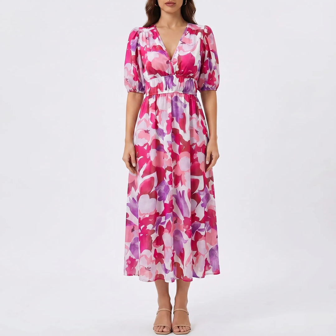 Floravia - V-Neck Floral Midi Dress