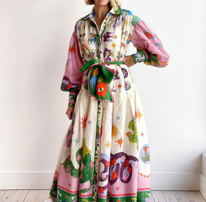 Printed Shirtdress Maxi Dress for Women - Long Sleeve Bishop Sleeve