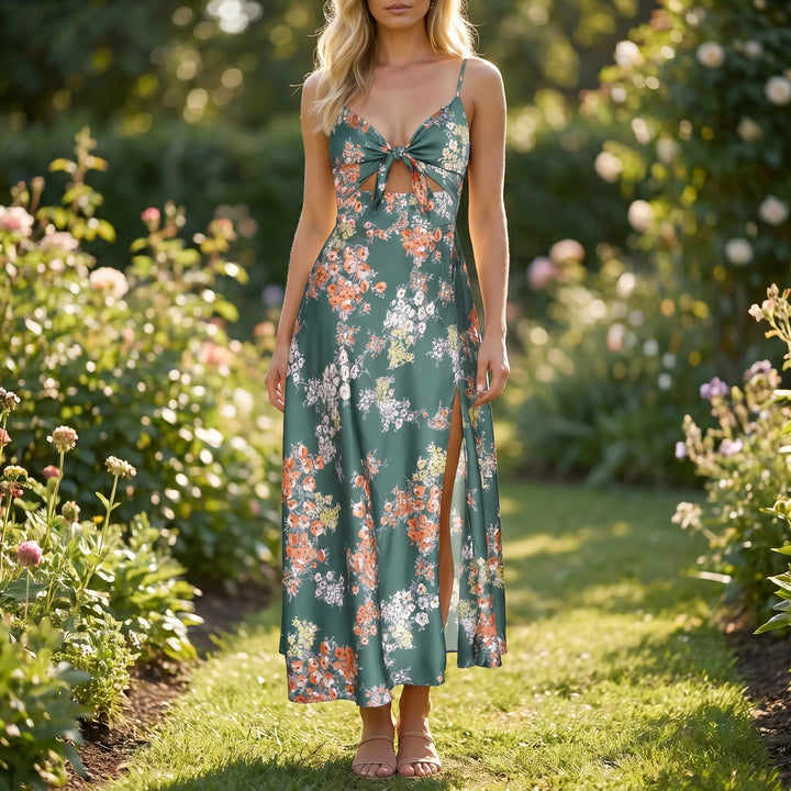 Florielle - Floral Print Maxi Dress With Tie Detail