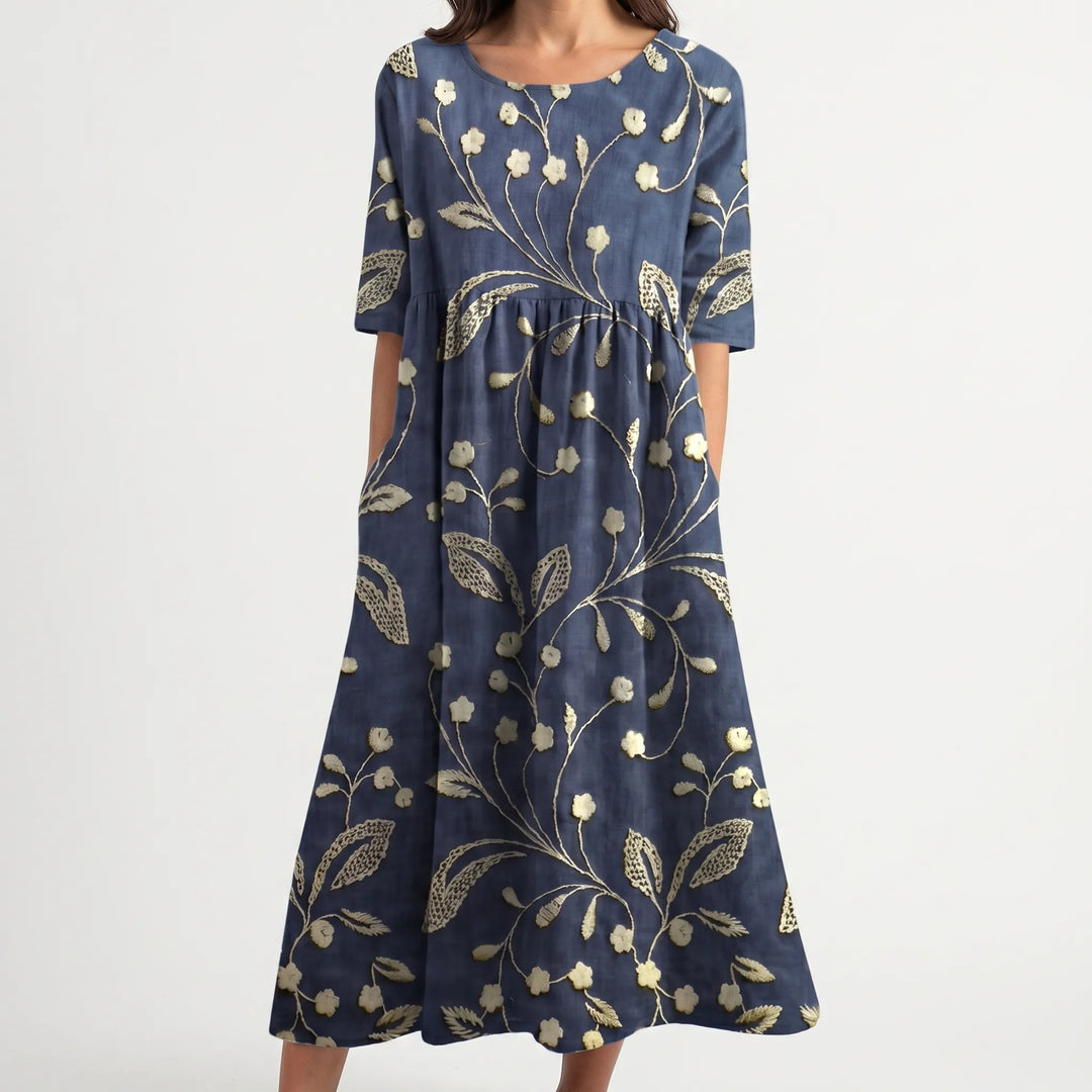 Floriven - Floral Print Midi Dress With Half Sleeves