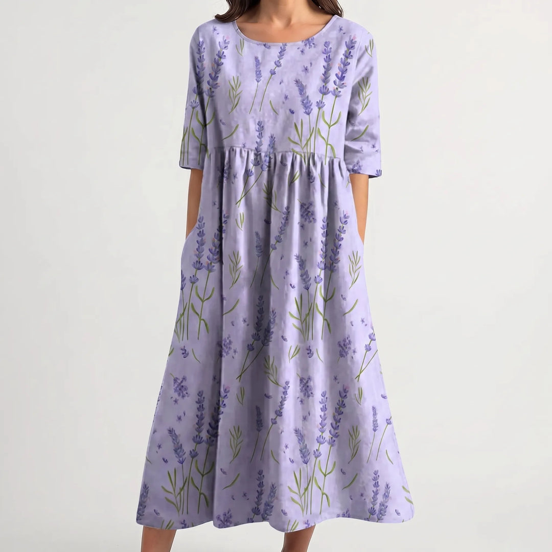 Floriven - Floral Print Midi Dress With Half Sleeves