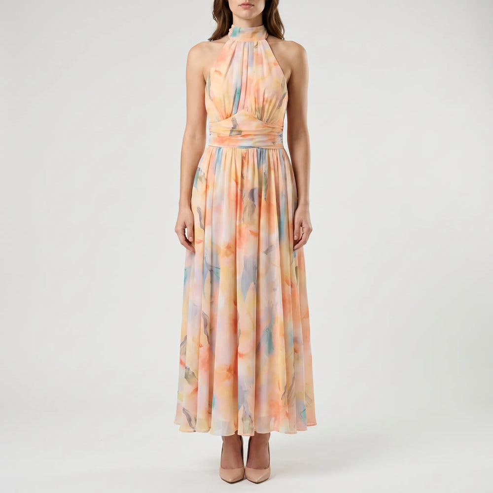 Floriven - Halter Neck Watercolour Maxi Dress
