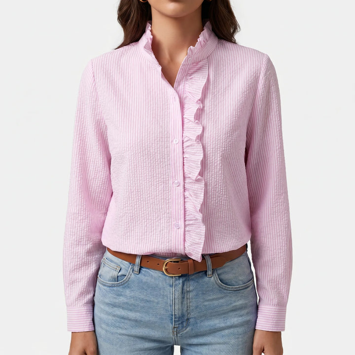 Frillova - Ruffled Front Button-Up Work Blouse
