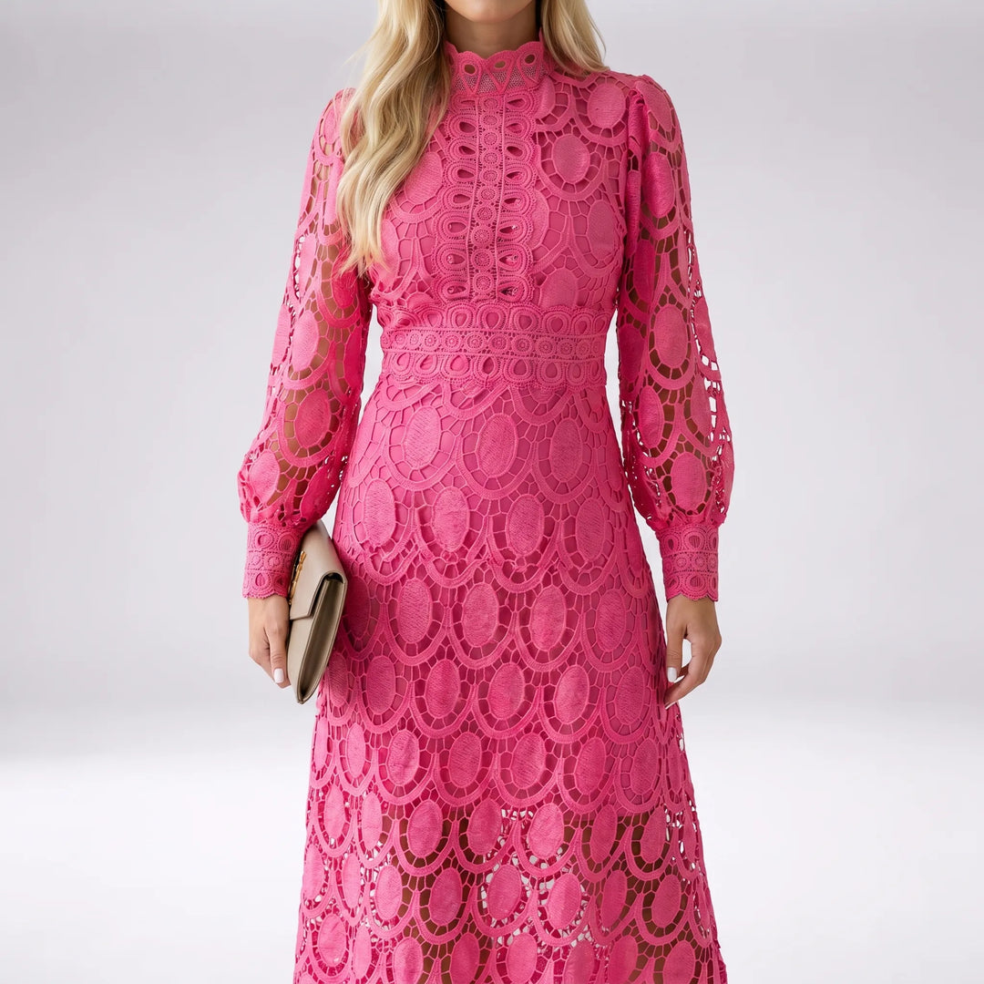 Lacevelle - Lace Midi Dress With High Neck
