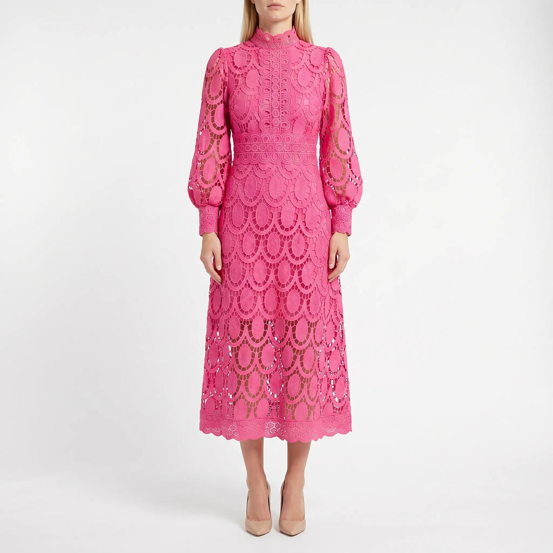 Lacevelle - Lace Midi Dress With High Neck