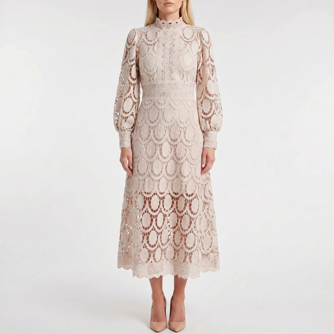 Lacevelle - Lace Midi Dress With High Neck