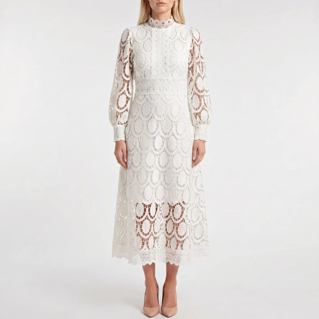 Lacevelle - Lace Midi Dress With High Neck