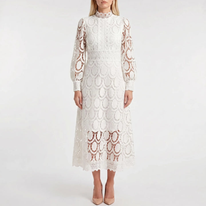 Lacevelle - Lace Midi Dress With High Neck