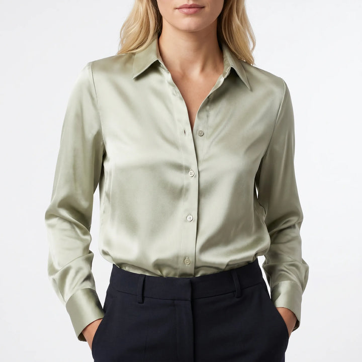 Lustreaux - Long Sleeve Satin Button-Down Blouse