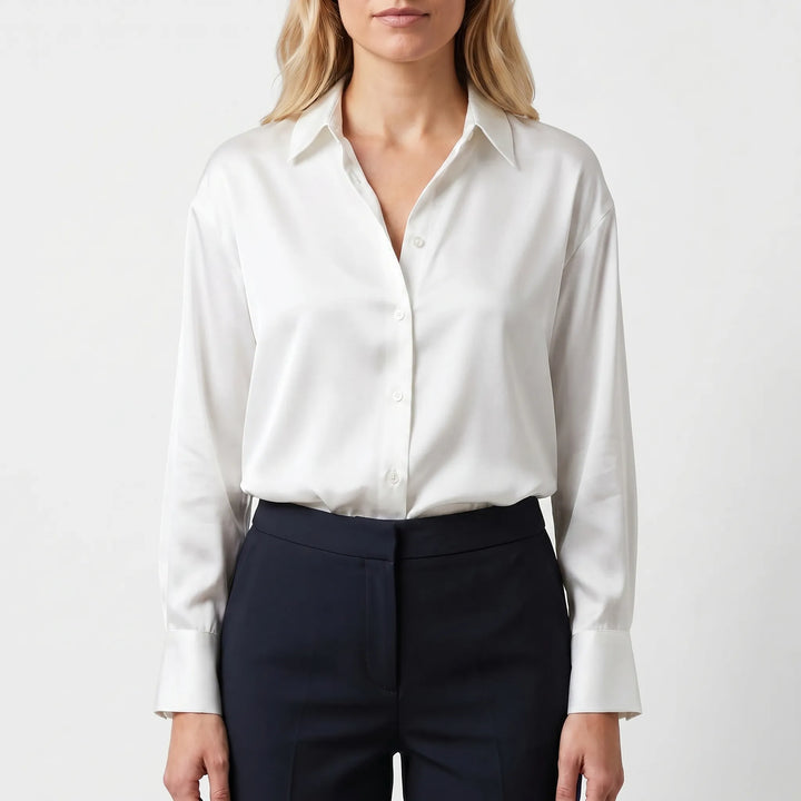 Lustreaux - Long Sleeve Satin Button-Down Blouse