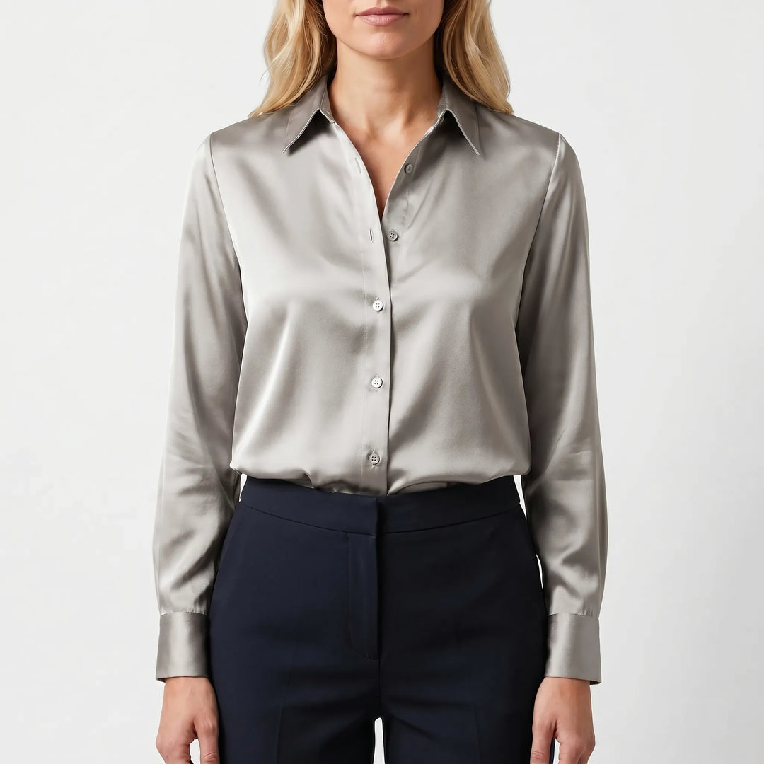Lustreaux - Long Sleeve Satin Button-Down Blouse