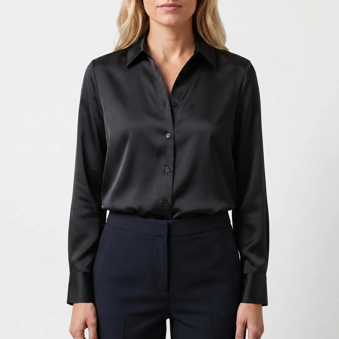 Lustreaux - Long Sleeve Satin Button-Down Blouse