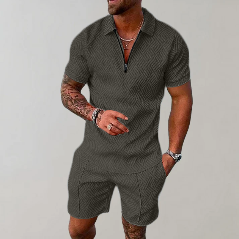 Men’s Casual Polo and Shorts Set with Zip Detail