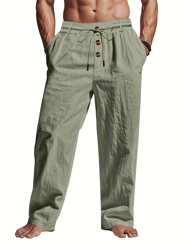 Men’s Linen Trousers with Drawstring Waist and Multi-Button Design