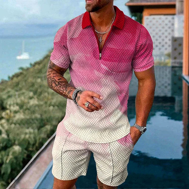 Men’s Polo Shirt and Shorts Co-Ord with Smile Face Print and Zipper Closure