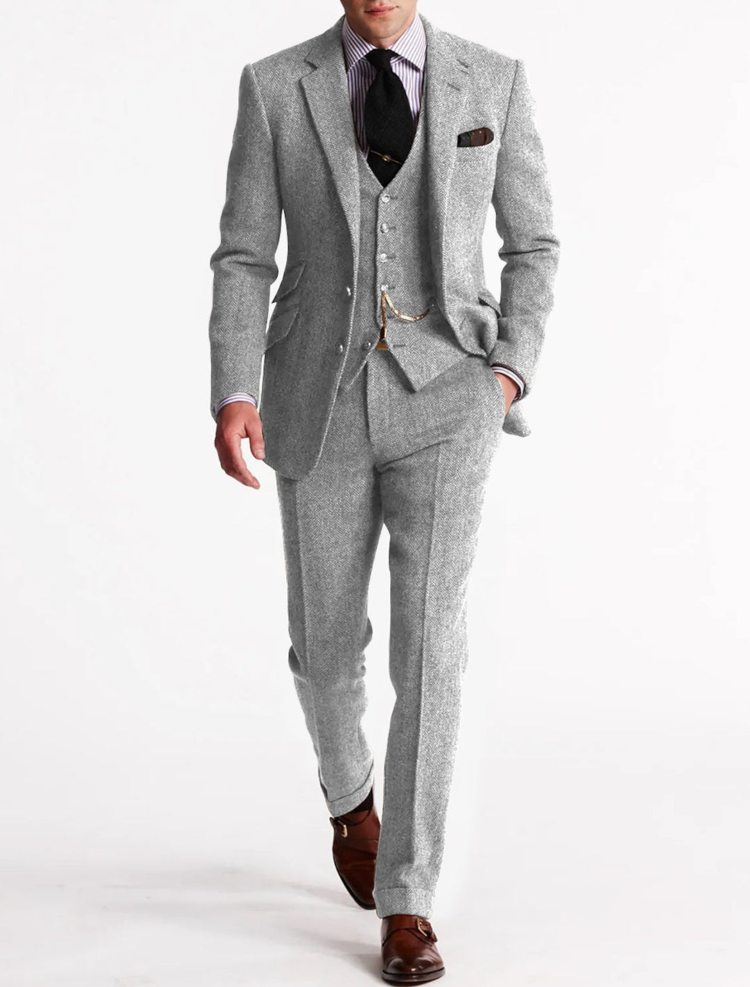 Men’s Three-Piece Tweed Tuxedo Set with Blazer and Waistcoat