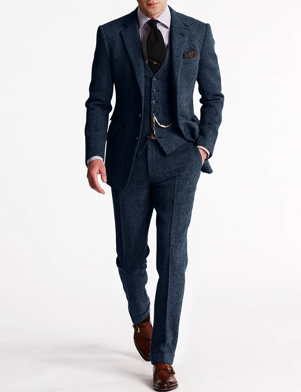 Men’s Three-Piece Tweed Tuxedo Set with Blazer and Waistcoat