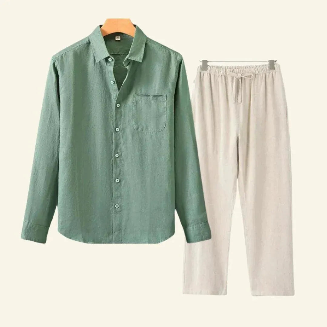 Men’s Two-Piece Set with Button Shirt and Side Pockets