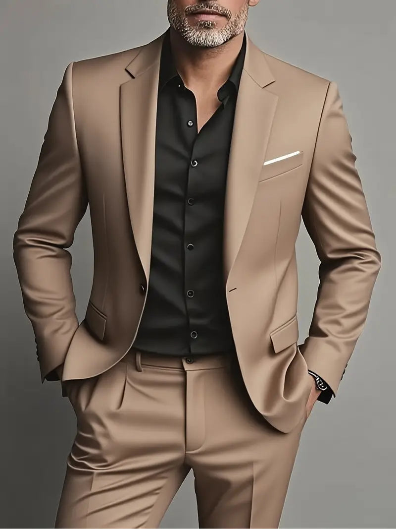 Men’s Two Piece Slim Fit Suit Set with Single Breasted Blazer and Matching Trousers