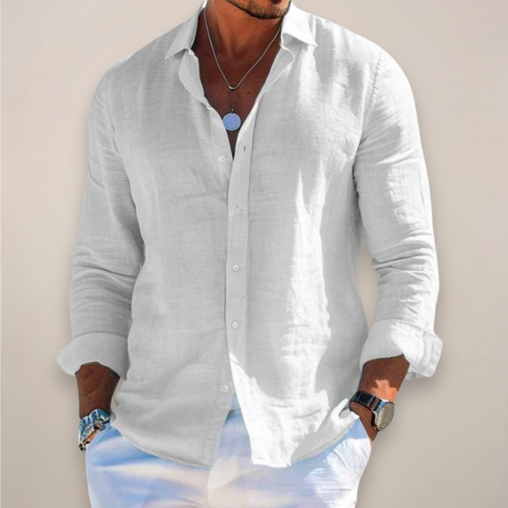 Men’s Linen Long Sleeve Shirt with Classic Collar and Button Front