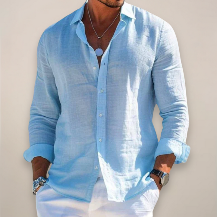 Men’s Linen Long Sleeve Shirt with Classic Collar and Button Front