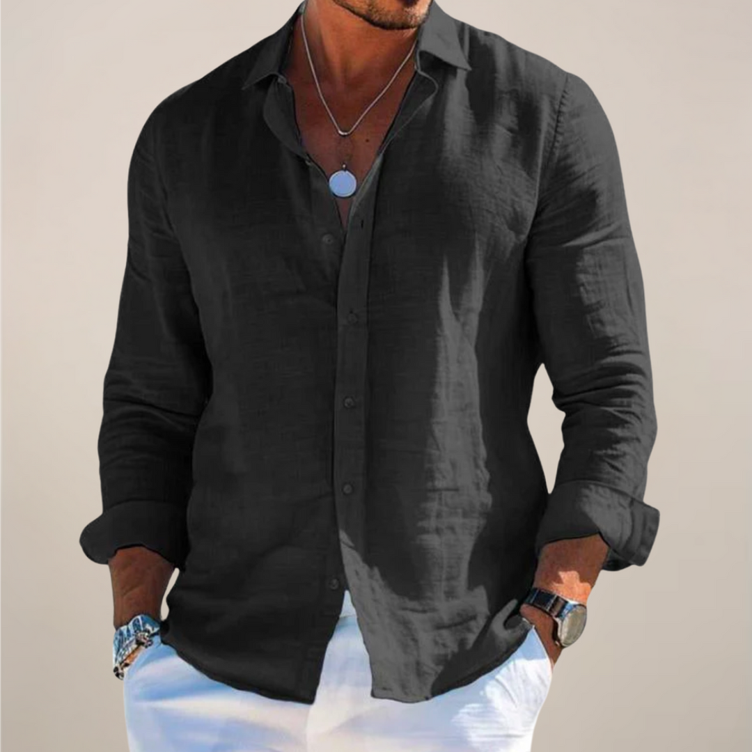 Men’s Linen Long Sleeve Shirt with Classic Collar and Button Front