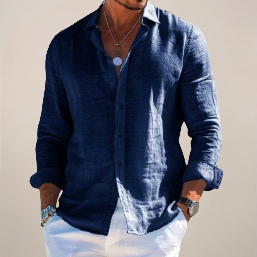 Men’s Linen Long Sleeve Shirt with Classic Collar and Button Front