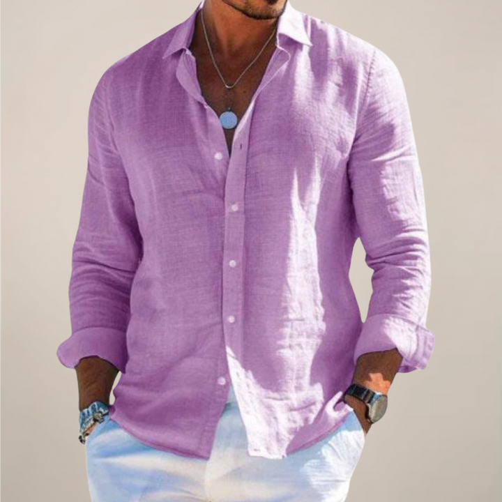 Men’s Linen Long Sleeve Shirt with Classic Collar and Button Front