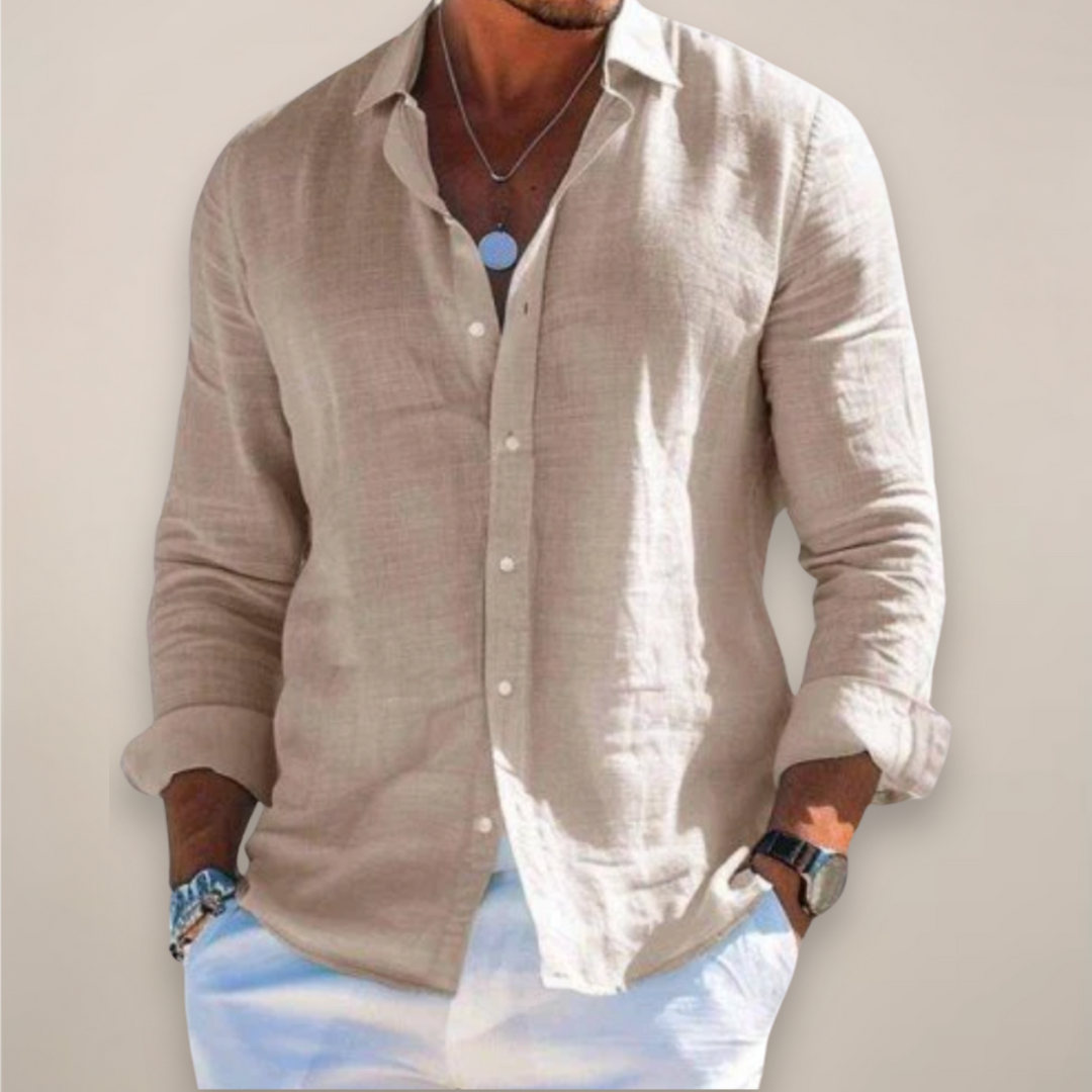 Men’s Linen Long Sleeve Shirt with Classic Collar and Button Front