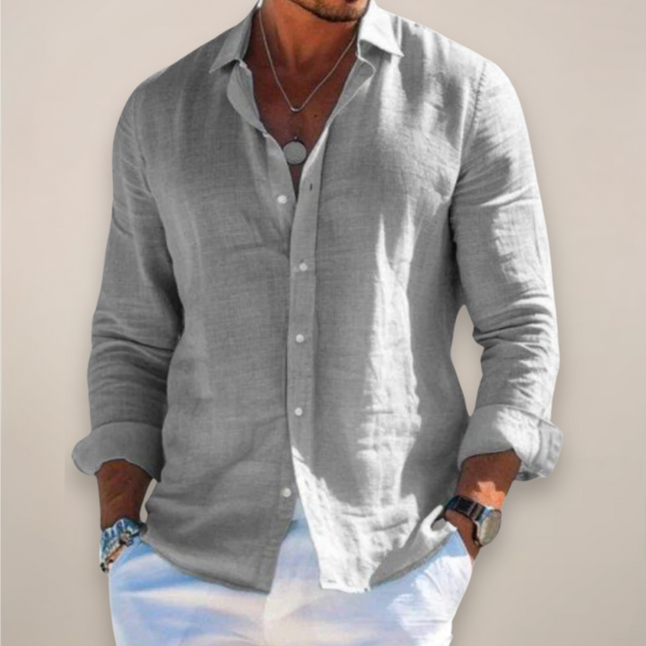 Men’s Linen Long Sleeve Shirt with Classic Collar and Button Front