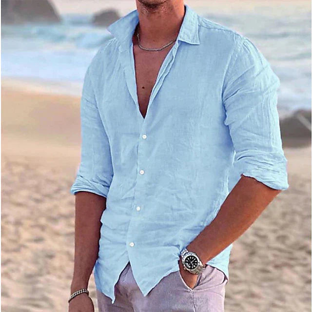 Men’s Linen Long Sleeve Shirt with Button-Down Collar