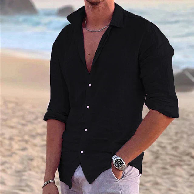 Men’s Linen Long Sleeve Shirt with Button-Down Collar