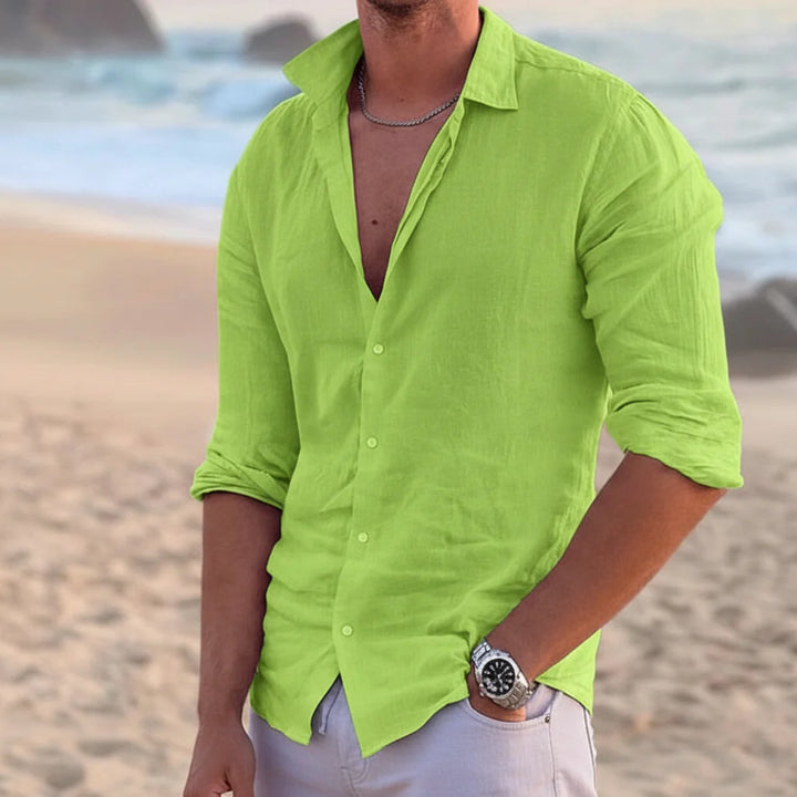Men’s Linen Long Sleeve Shirt with Button-Down Collar