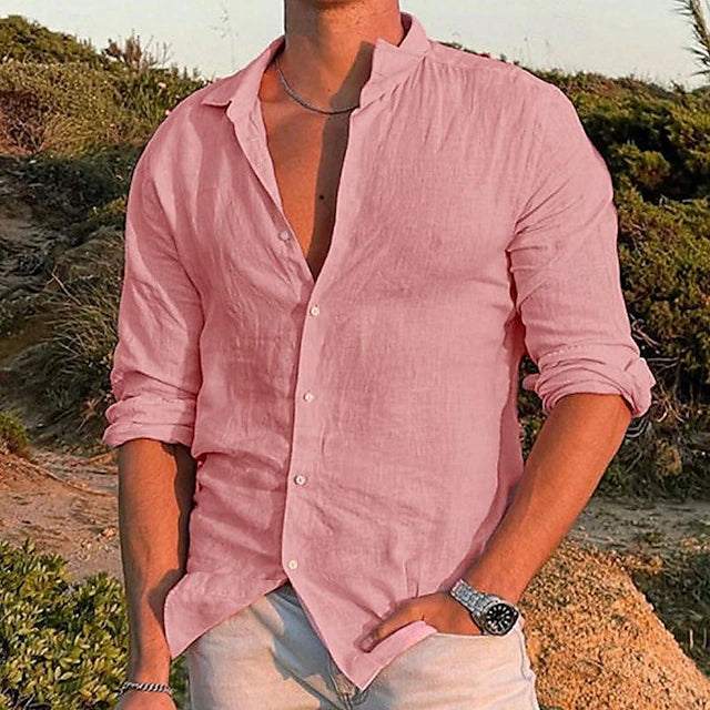 Men’s Linen Long Sleeve Shirt with Button-Down Collar