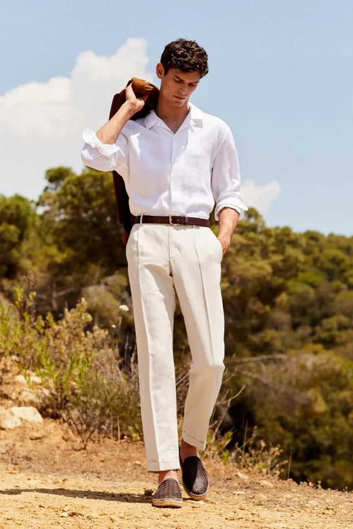 Men’s Linen Button-Up Shirt with Hobby Collar