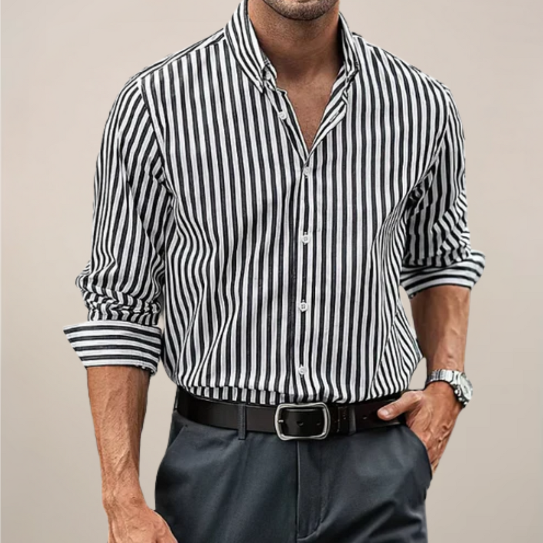 Men's Striped Long Sleeve Shirt with Button-Up Front
