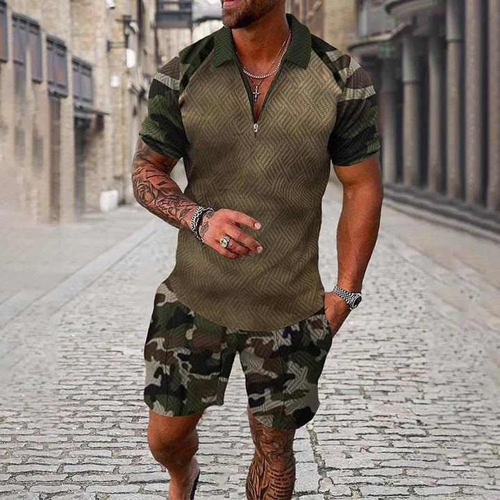 Men’s Camouflage Polo Shirt and Shorts Set with Smile Face Print and Zipper Closure