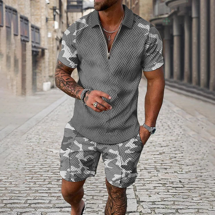 Men’s Camouflage Polo Shirt and Shorts Set with Smile Face Print and Zipper Closure