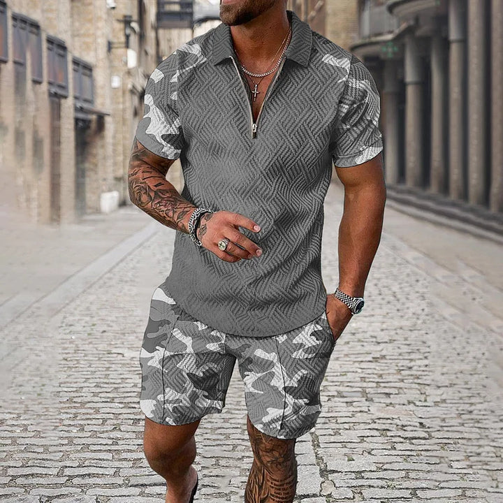 Men’s Camouflage Polo Shirt and Shorts Set with Smile Face Print and Zipper Closure