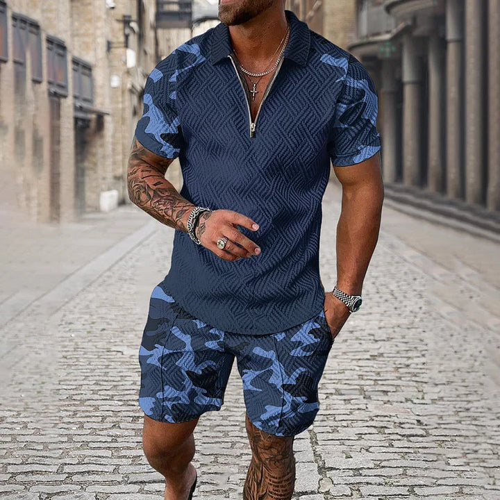 Men’s Camouflage Polo Shirt and Shorts Set with Smile Face Print and Zipper Closure