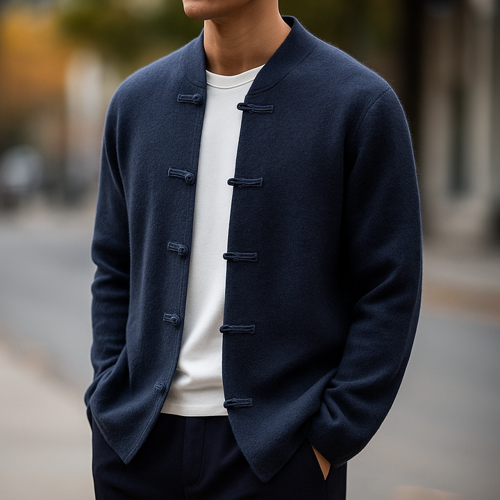 Men's Cardigan with Stand Collar and Button Closure
