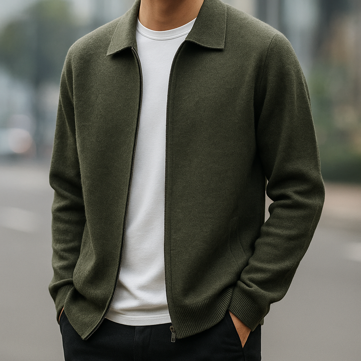 Men's Cardigan with Zipper Front and Structured Collar