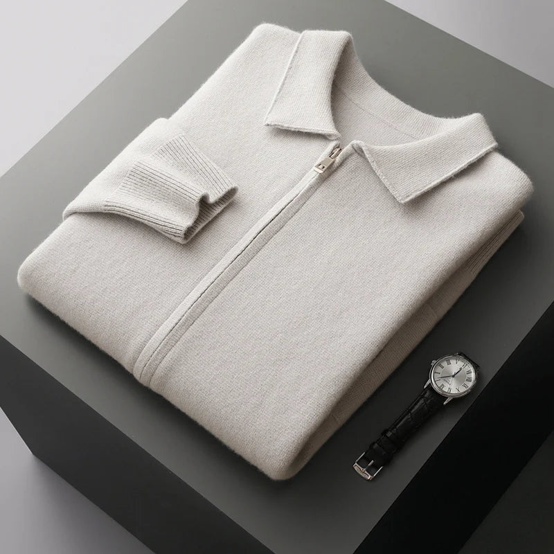 Men's Cardigan with Zipper Front and Structured Collar