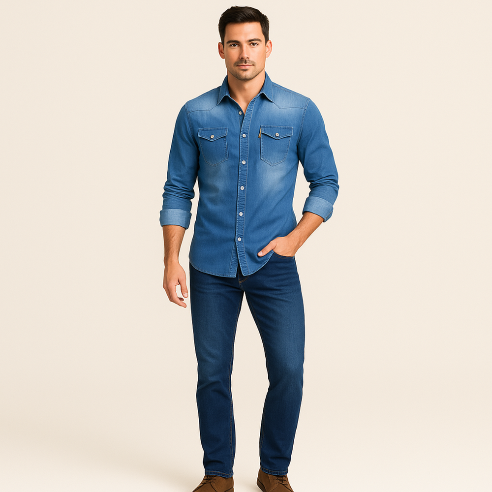 Mens Denim Shirt with Button-Down Front and Chest Pockets
