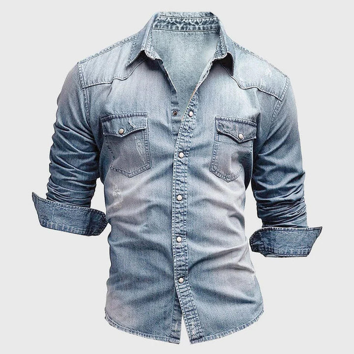Mens Denim Shirt with Fold‑Down Collar and Chest Pockets