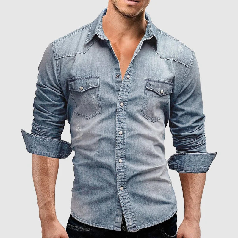 Mens Denim Shirt with Fold‑Down Collar and Chest Pockets
