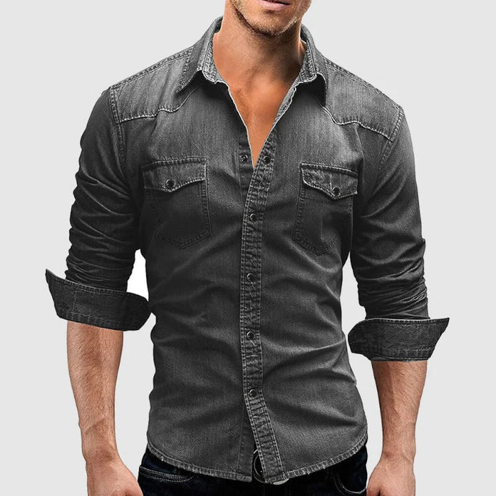 Mens Denim Shirt with Fold‑Down Collar and Chest Pockets